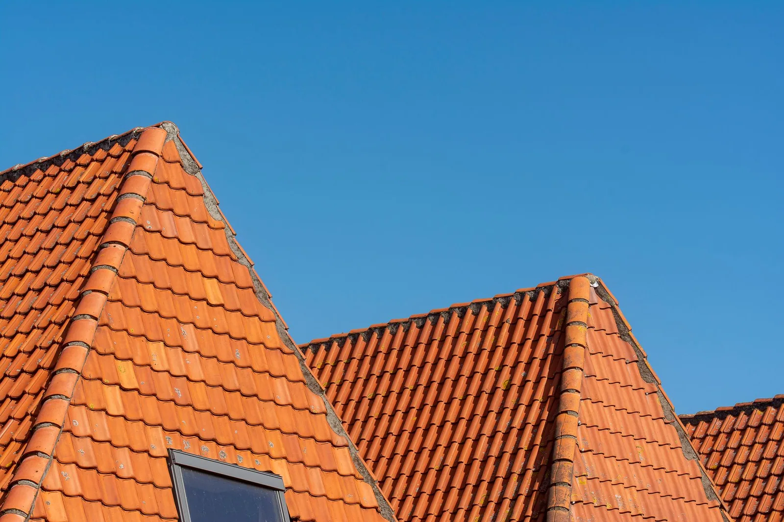 Toiture de tuiles propre et régulière, lucarnes alignées, ciel dégagé